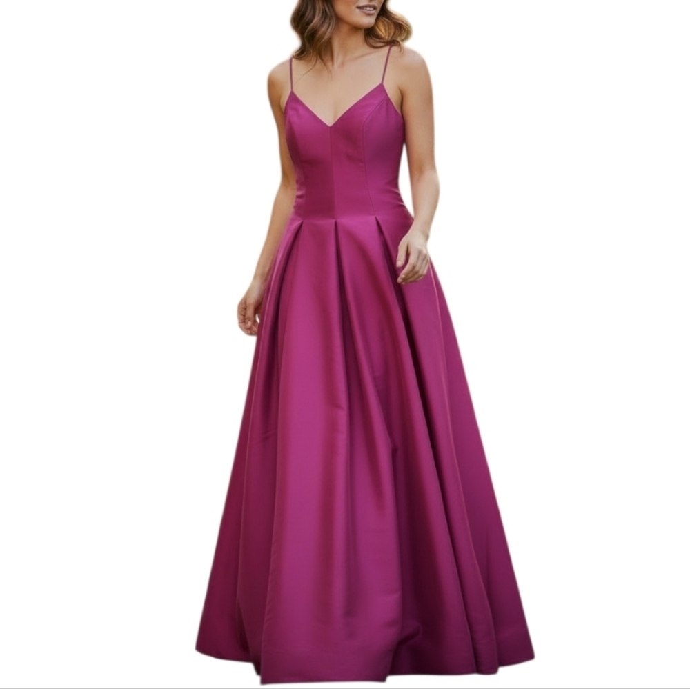 Magenta A-Line Satin Evening Gown with Spaghetti Straps